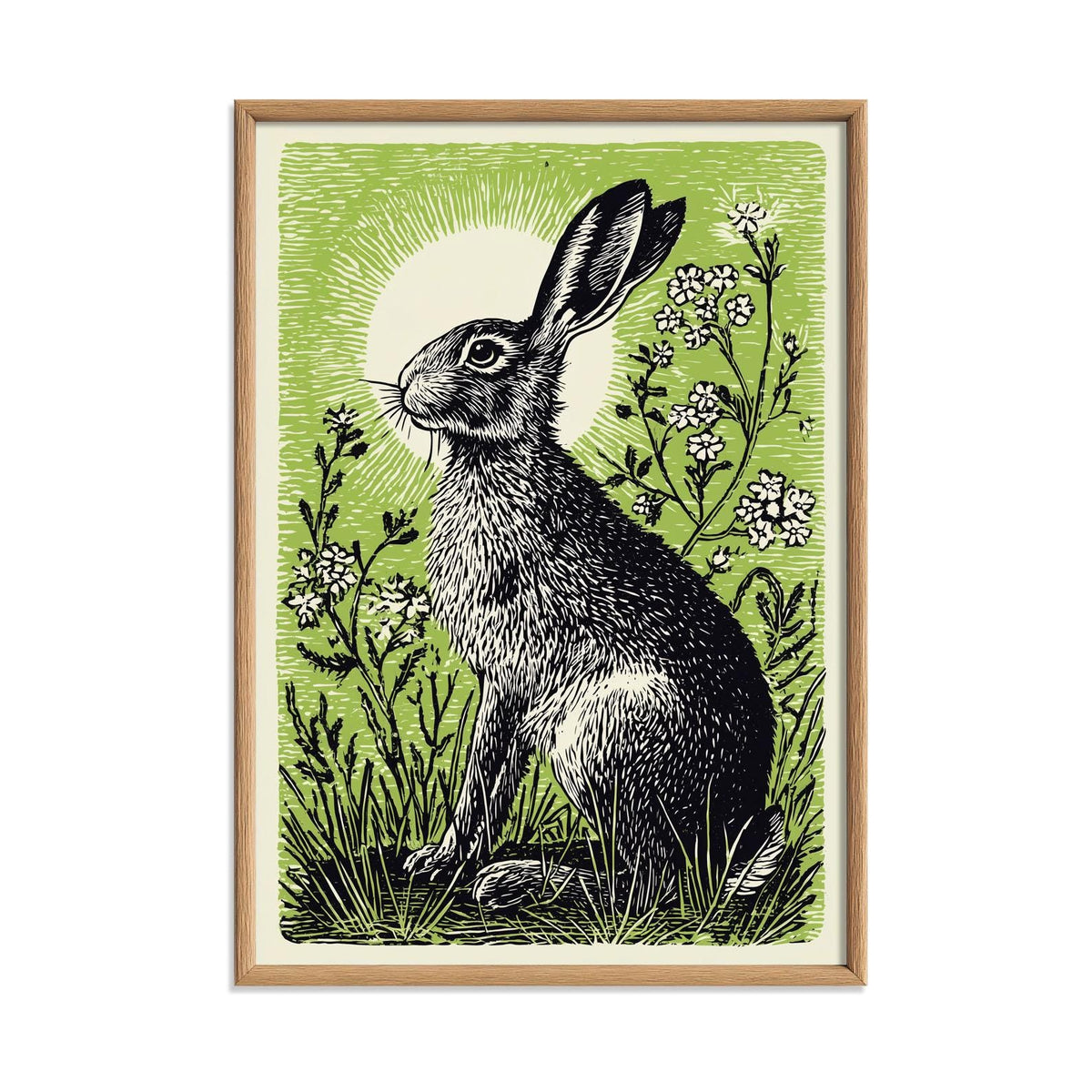 Hare Poster, Green Linocut Style, Woodland Hare and Wildflower Decor
