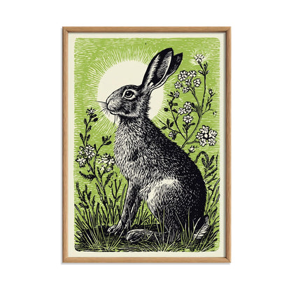 Hare Poster, Green Linocut Style, Woodland Hare and Wildflower Decor