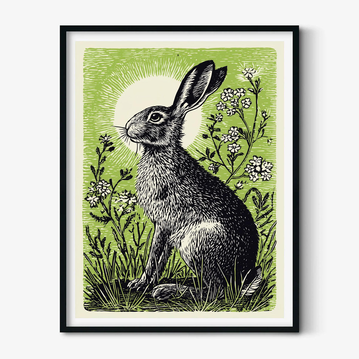 Hare Poster, Green Linocut Style, Woodland Hare and Wildflower Decor