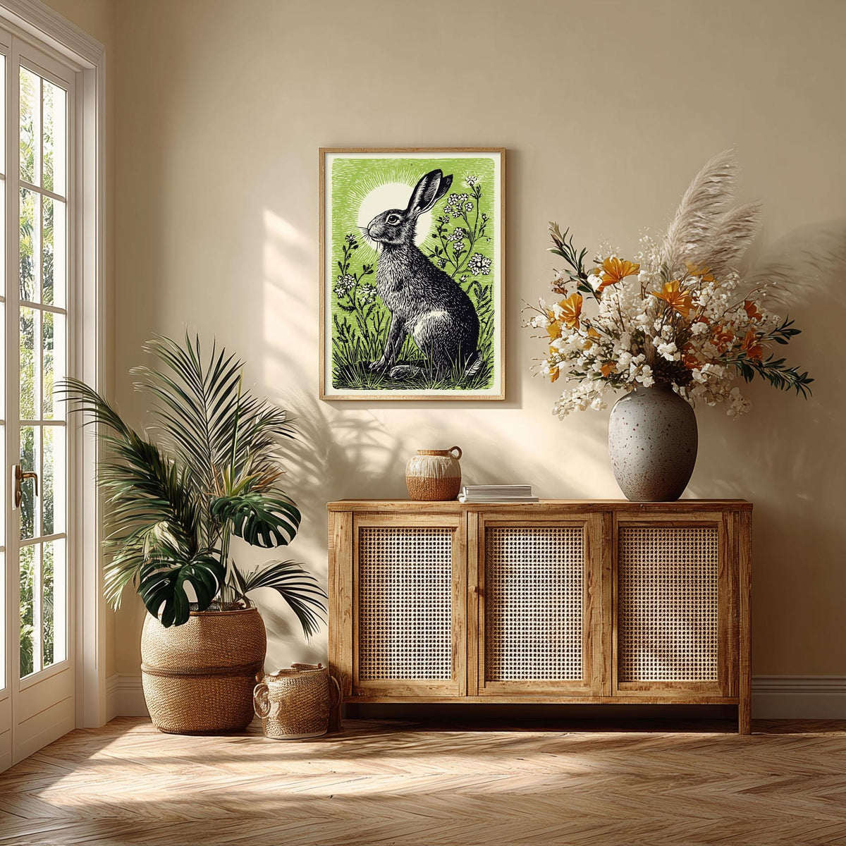 Hare Poster Print, Green Linocut Style, Woodland Hare and Meadow Flower Decor