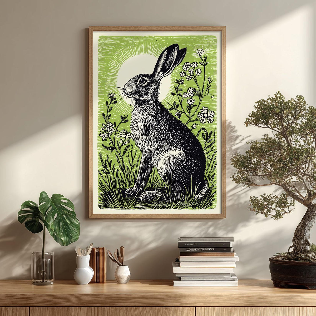 Hare Poster, Green Linocut Style, Woodland Hare and Wildflower Decor
