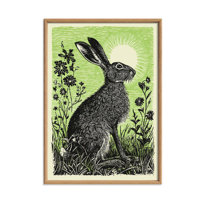 Hare Poster Print, Green Linocut Style, Woodland Hare and Meadow Flower Decor