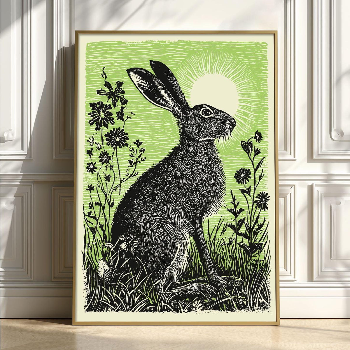 Hare Poster Print, Green Linocut Style, Woodland Hare and Meadow Flower Decor