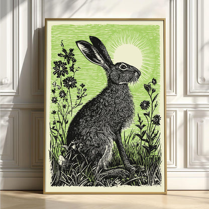 Hare Poster Print, Green Linocut Style, Woodland Hare and Meadow Flower Decor