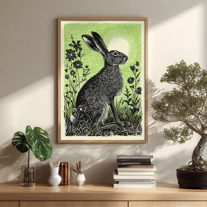 Hare Poster Print, Green Linocut Style, Woodland Hare and Meadow Flower Decor