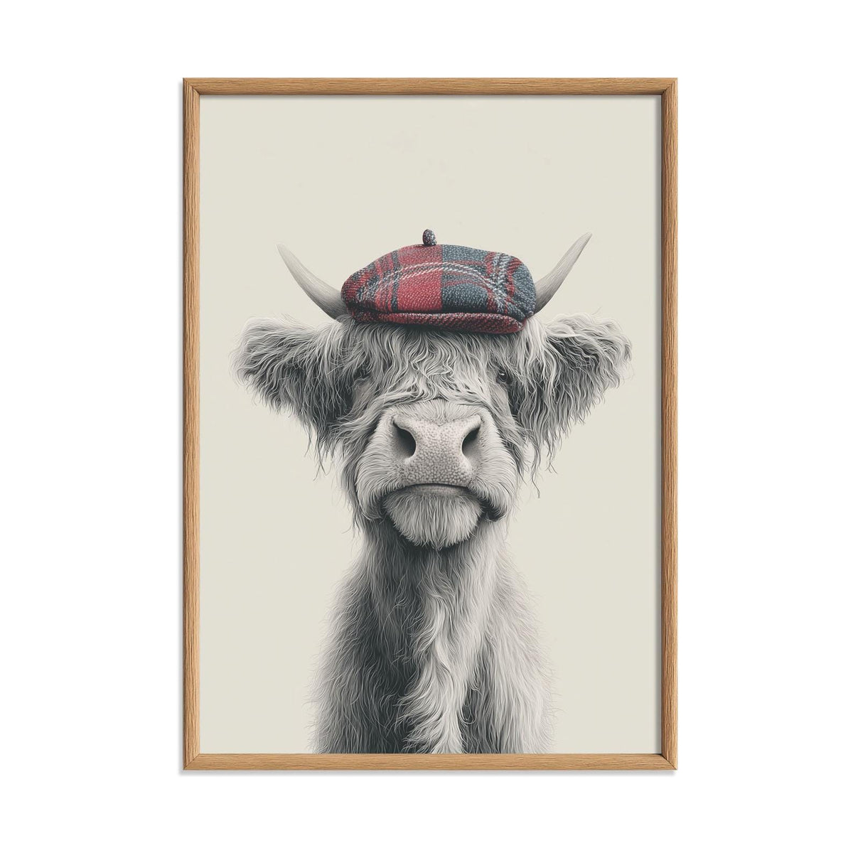 Highland Cow Wall Art Print, Pencil Drawing Style, Tartan Cap Farmhouse Decor