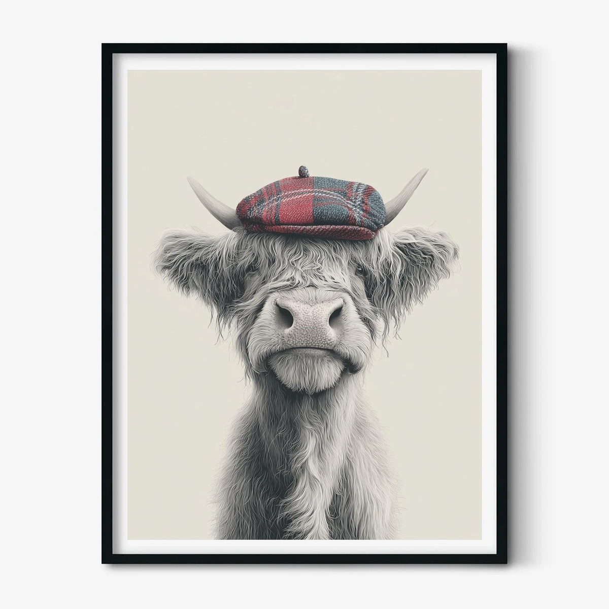 Highland Cow Wall Art Print, Pencil Drawing Style, Tartan Cap Farmhouse Decor