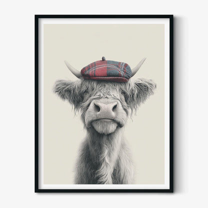 Highland Cow Wall Art Print, Pencil Drawing Style, Tartan Cap Farmhouse Decor