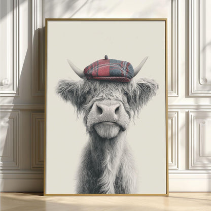 Highland Cow Wall Art Print, Pencil Drawing Style, Tartan Cap Farmhouse Decor