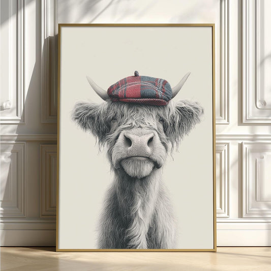 Highland Cow Wall Art Print, Pencil Drawing Style, Tartan Cap Farmhouse Decor