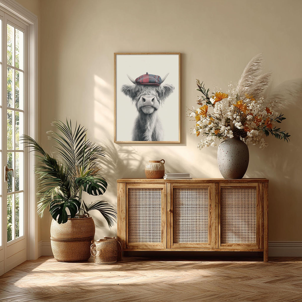 Highland Cow Wall Art Print, Pencil Drawing Style, Tartan Cap Farmhouse Decor