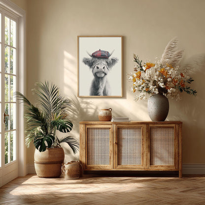 Highland Cow Wall Art Print, Pencil Drawing Style, Tartan Cap Farmhouse Decor