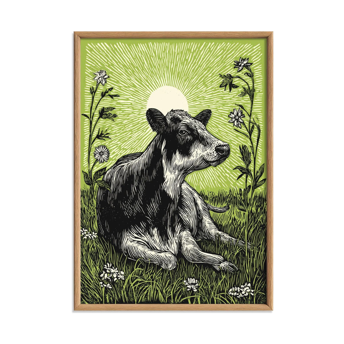 Highland Cow Poster, Green Linocut Style, Farmhouse Cow and Wildflower Decor