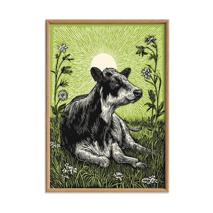 Highland Cow Poster, Green Linocut Style, Farmhouse Cow and Wildflower Decor