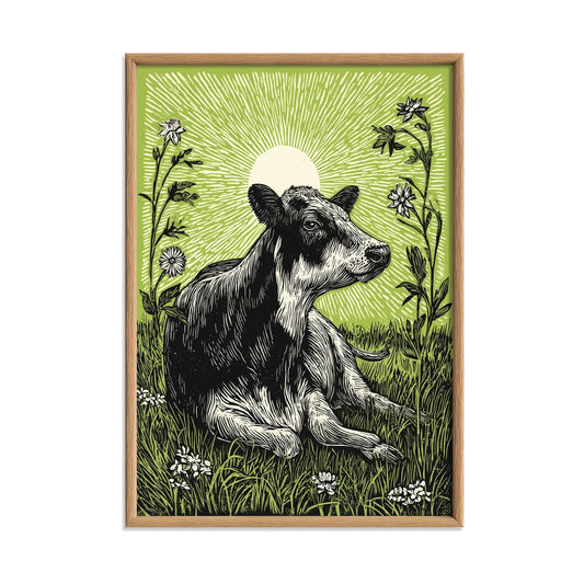 Highland Cow Poster, Green Linocut Style, Farmhouse Cow and Wildflower Decor