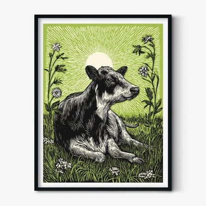 Highland Cow Poster, Green Linocut Style, Farmhouse Cow and Wildflower Decor