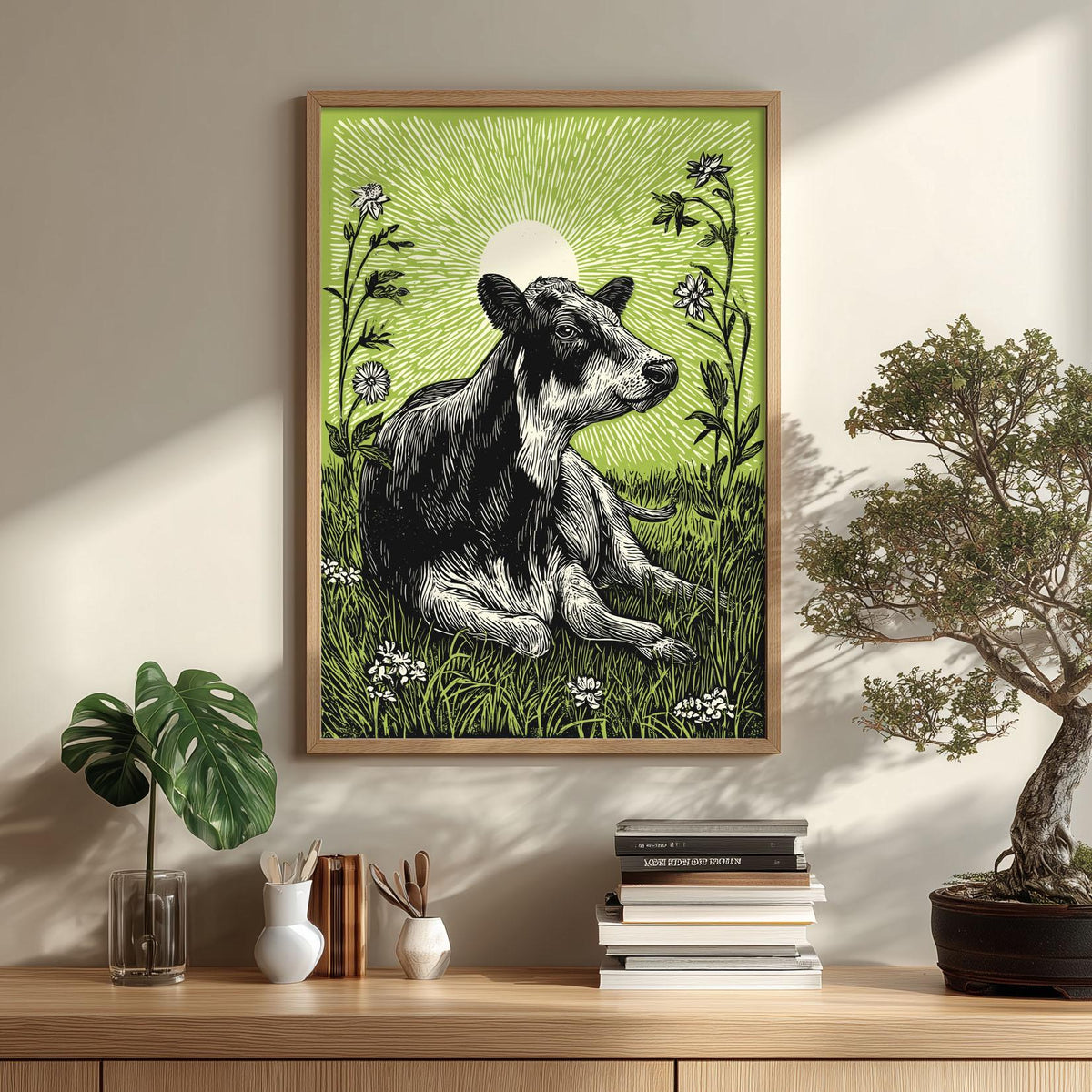 Highland Cow Poster, Green Linocut Style, Farmhouse Cow and Wildflower Decor