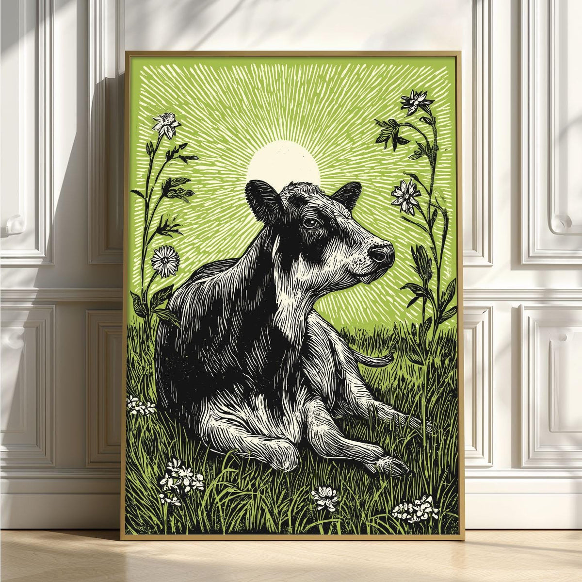 Highland Cow Poster, Green Linocut Style, Farmhouse Cow and Wildflower Decor
