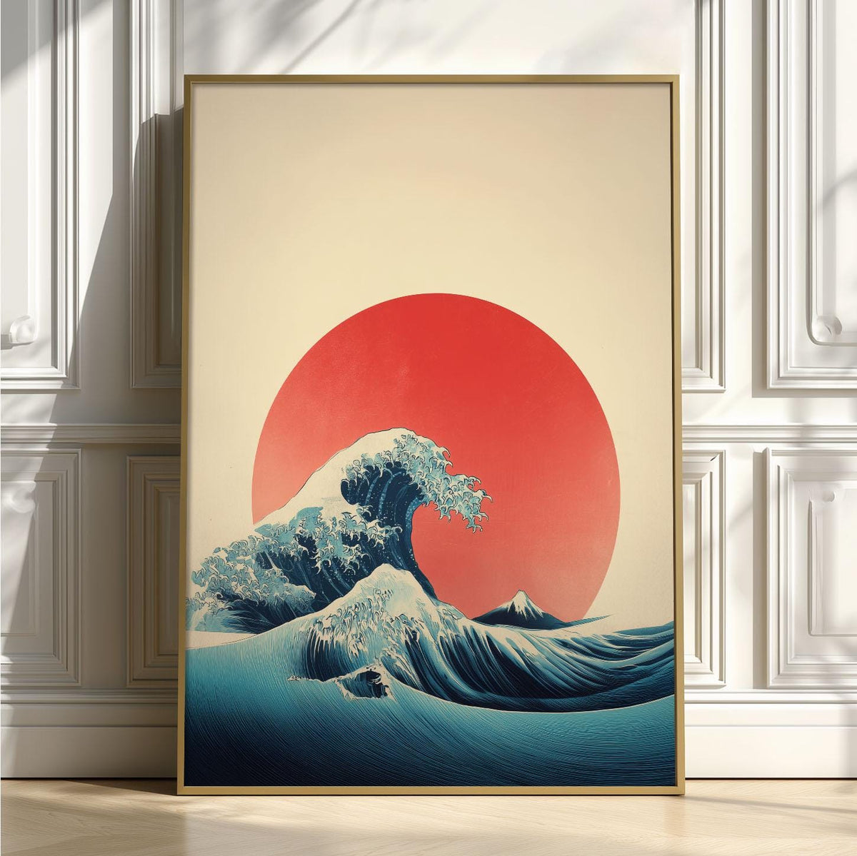 Japanese Wave Poster Print, Minimalist Ukiyo-e Style, Red Sun Ocean Decor
