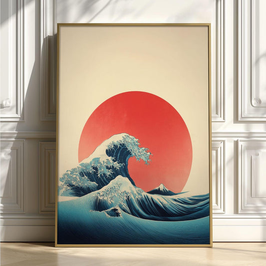 Japanese Wave Poster Print, Minimalist Ukiyo-e Style, Red Sun Ocean Decor