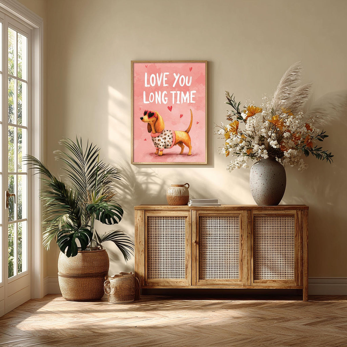 Dachshund Valentine Print, Watercolor Style Dog Art, Love You Long Time Decor