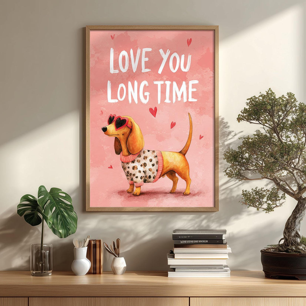 Dachshund Valentine Print, Watercolor Style Dog Art, Love You Long Time Decor