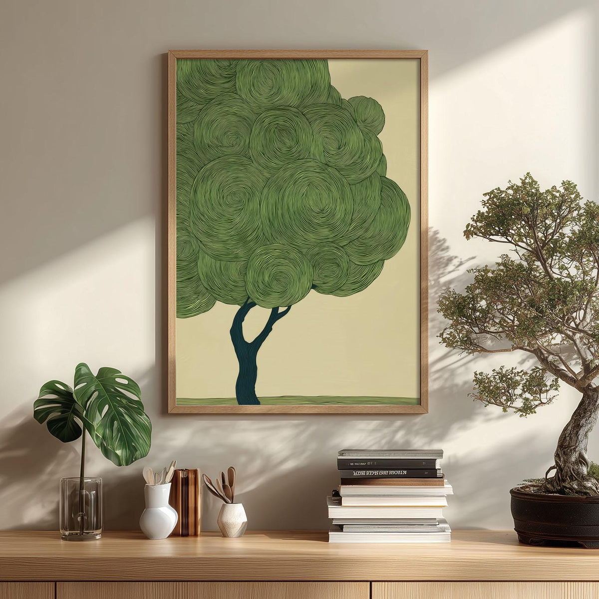 Japanese Woodblock Tree Print, Green Botanical Wall Art