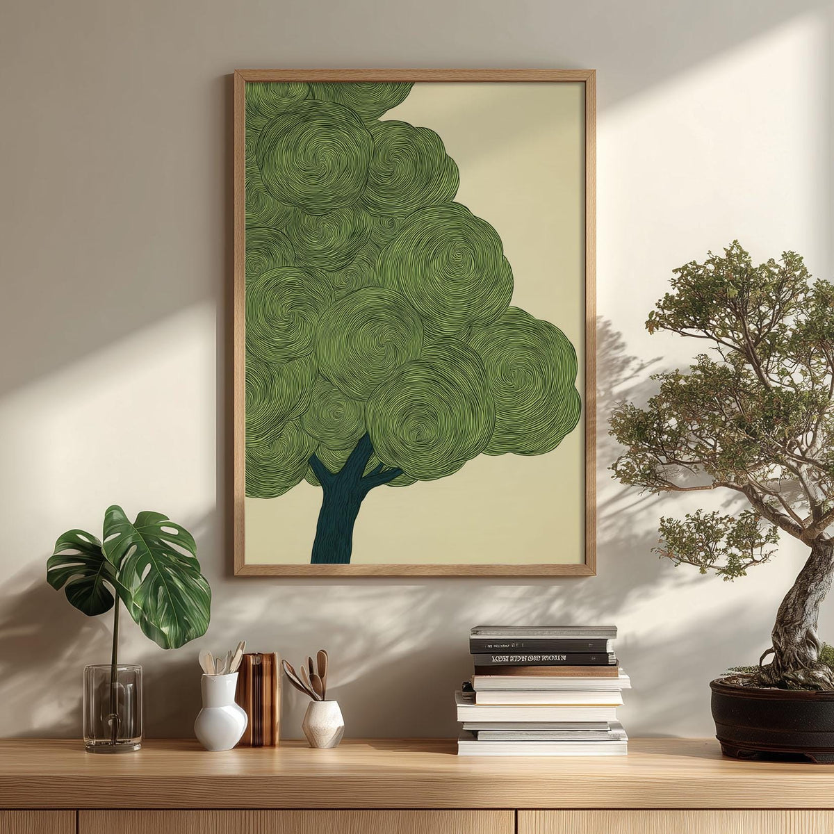Green Japanese Tree Print, Swirl Botanical Wall Art