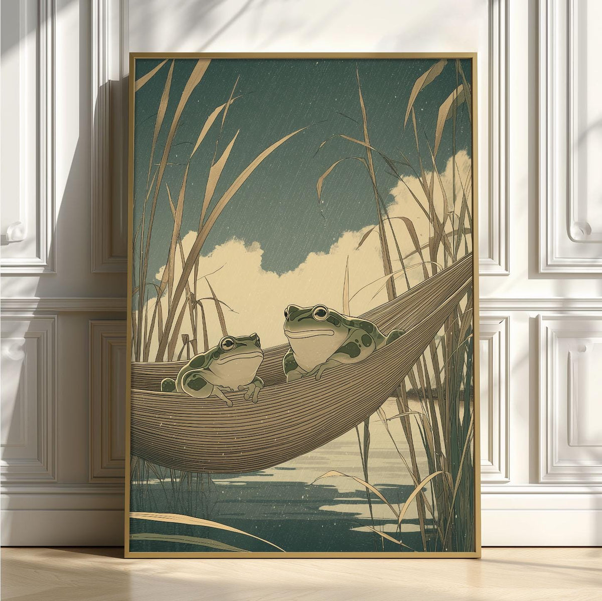 Frog Hammock Print, Japanese Woodblock Pond Wall Art