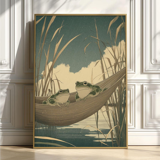 Frog Hammock Print, Japanese Woodblock Pond Wall Art