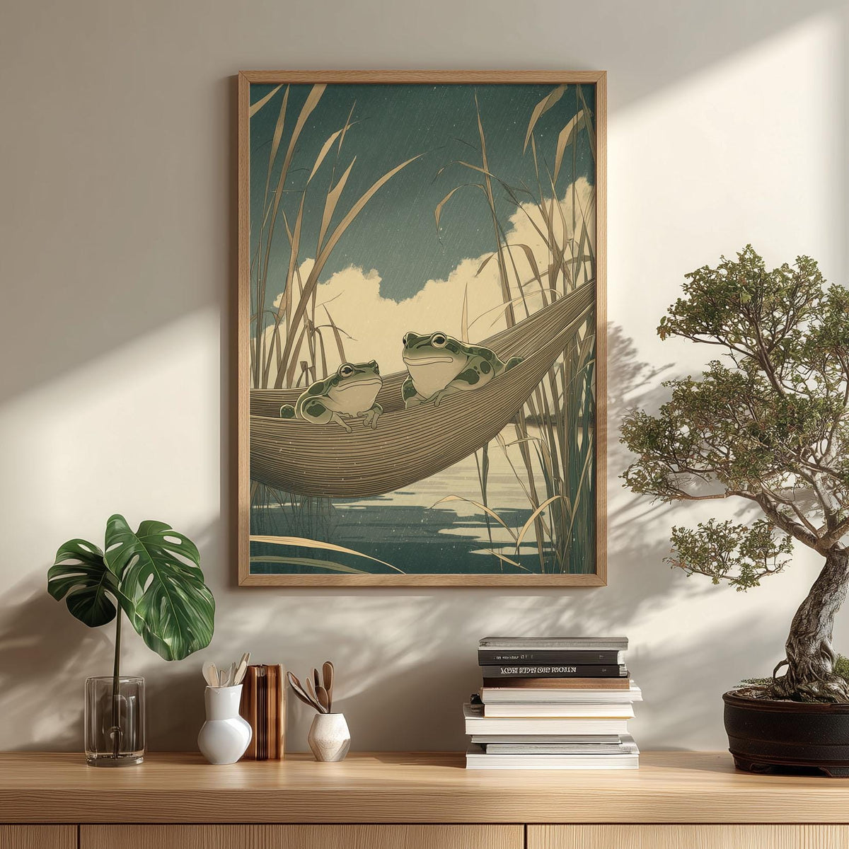 Frog Hammock Print, Japanese Woodblock Pond Wall Art