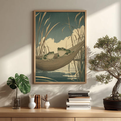 Frog Hammock Print, Japanese Woodblock Pond Wall Art