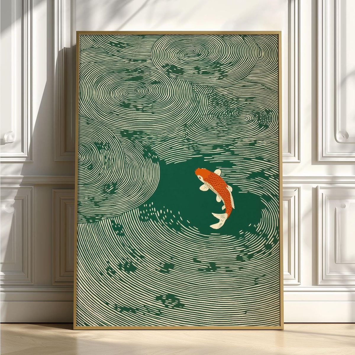 Koi Fish Print, Green Japanese Woodblock Wall Art