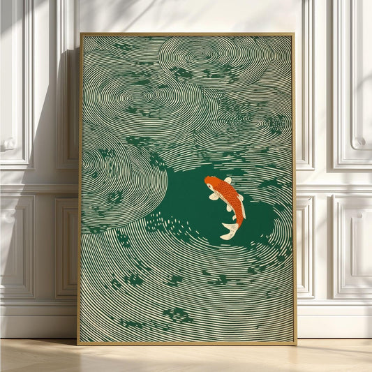 Koi Fish Print, Green Japanese Woodblock Wall Art