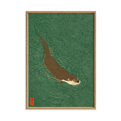 Otter Swimming Print, Green Japanese Woodblock Wall Art