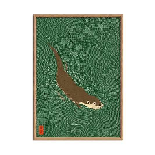 Otter Swimming Print, Green Japanese Woodblock Wall Art