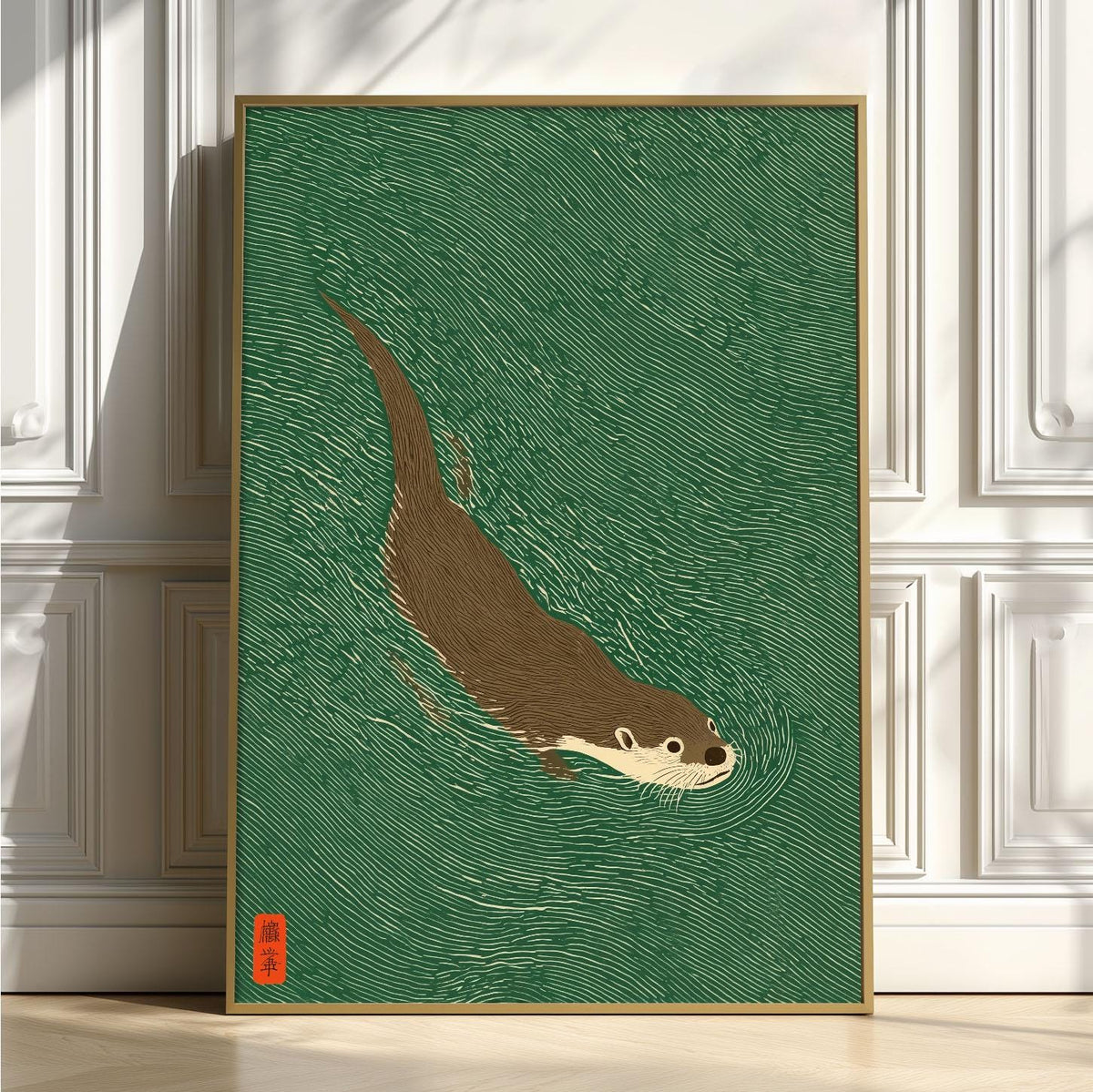 Otter Swimming Print, Green Japanese Woodblock Wall Art