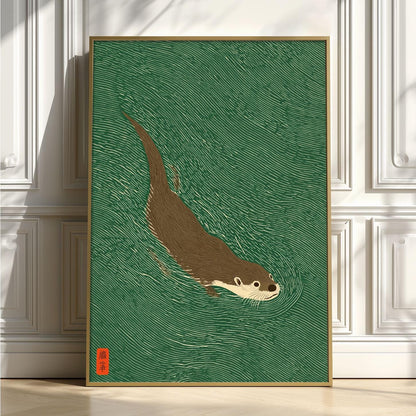 Otter Swimming Print, Green Japanese Woodblock Wall Art