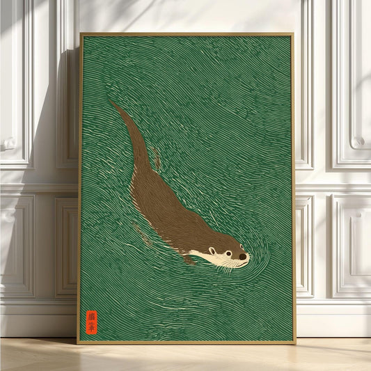 Otter Swimming Print, Green Japanese Woodblock Wall Art