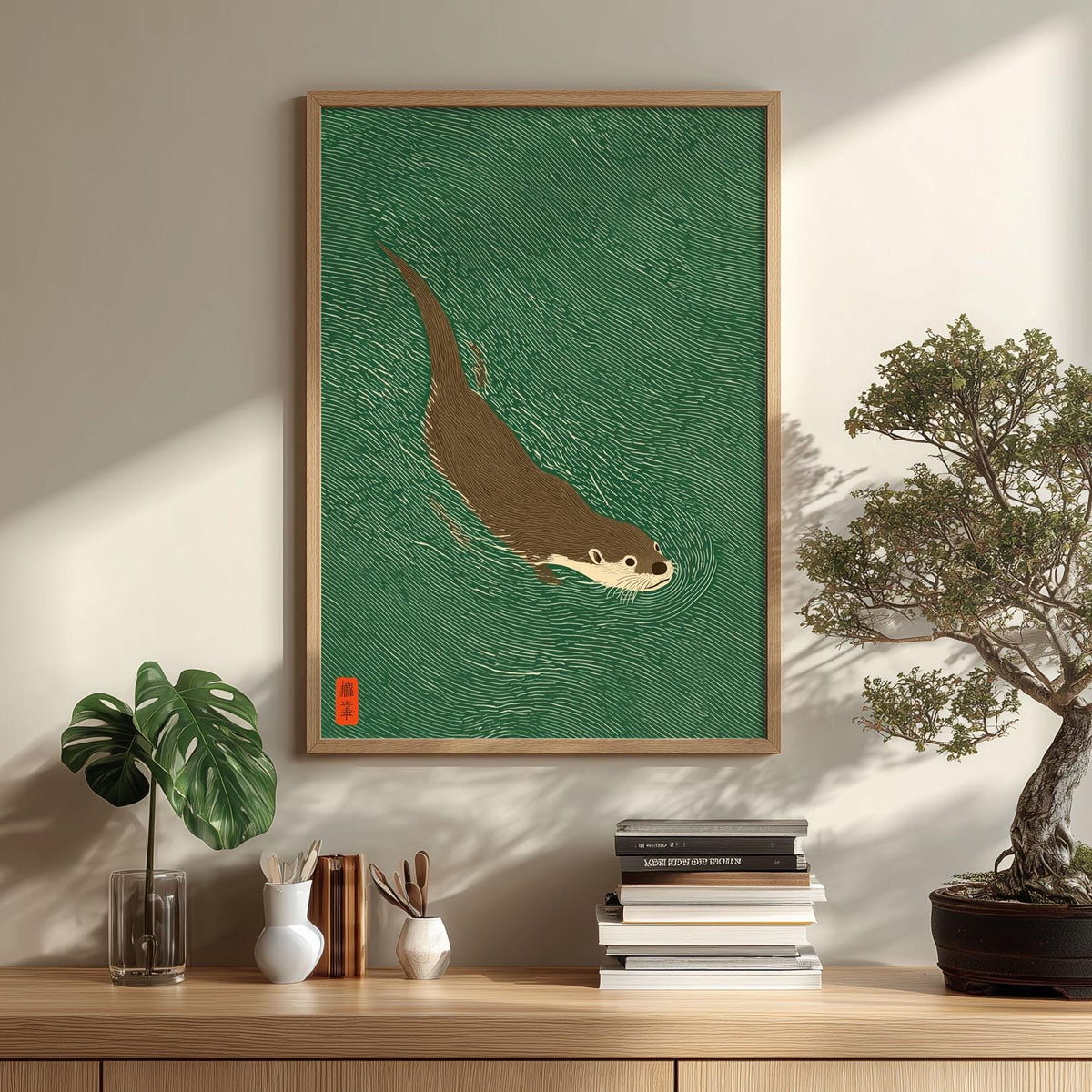 Otter Swimming Print, Green Japanese Woodblock Wall Art