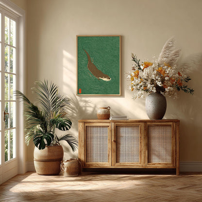 Otter Swimming Print, Green Japanese Woodblock Wall Art
