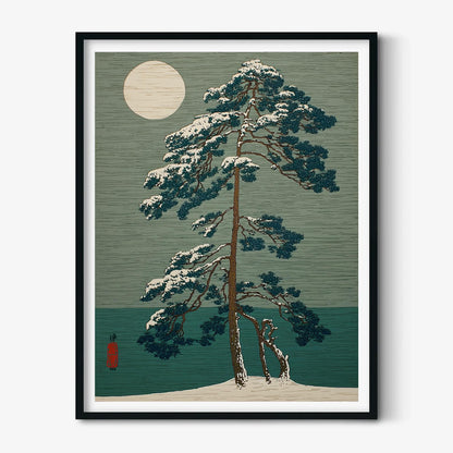 Japanese Winter Tree Poster | Woodblock Style, Moonlit Teal Landscape
