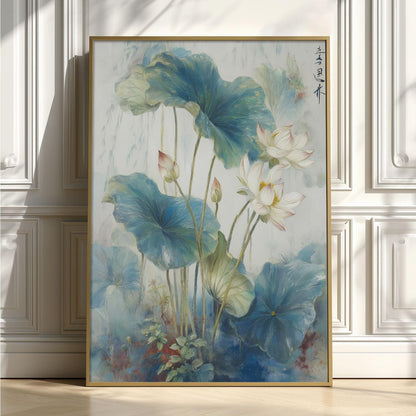 Lotus Flower Art Print | Asian Watercolour Style, Blue Botanical Decor