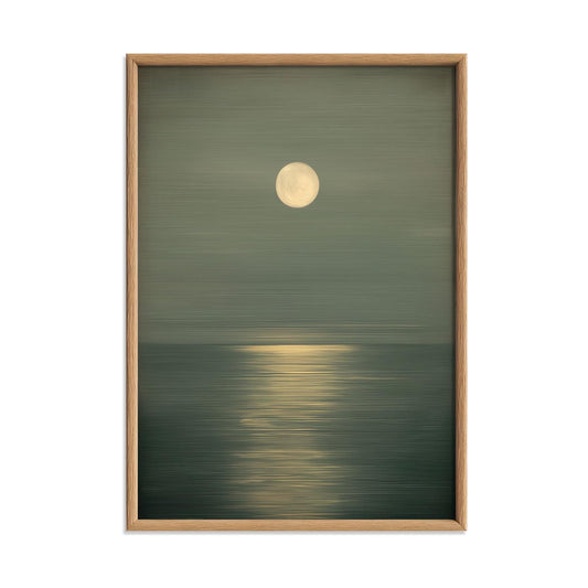 Minimalist Moon Seascape Print, Green Ocean Horizon | Zen Wall Art