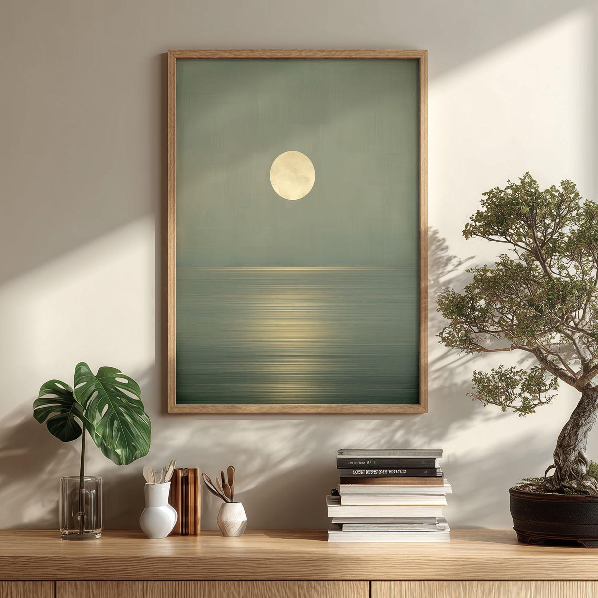 Minimalist Moon Seascape Poster Print | Green Ocean Horizon, Zen Wall Art