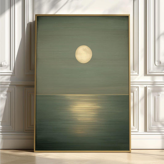 Moonlit Seascape Art Print, Sage Green Ocean, Minimalist Wall Art