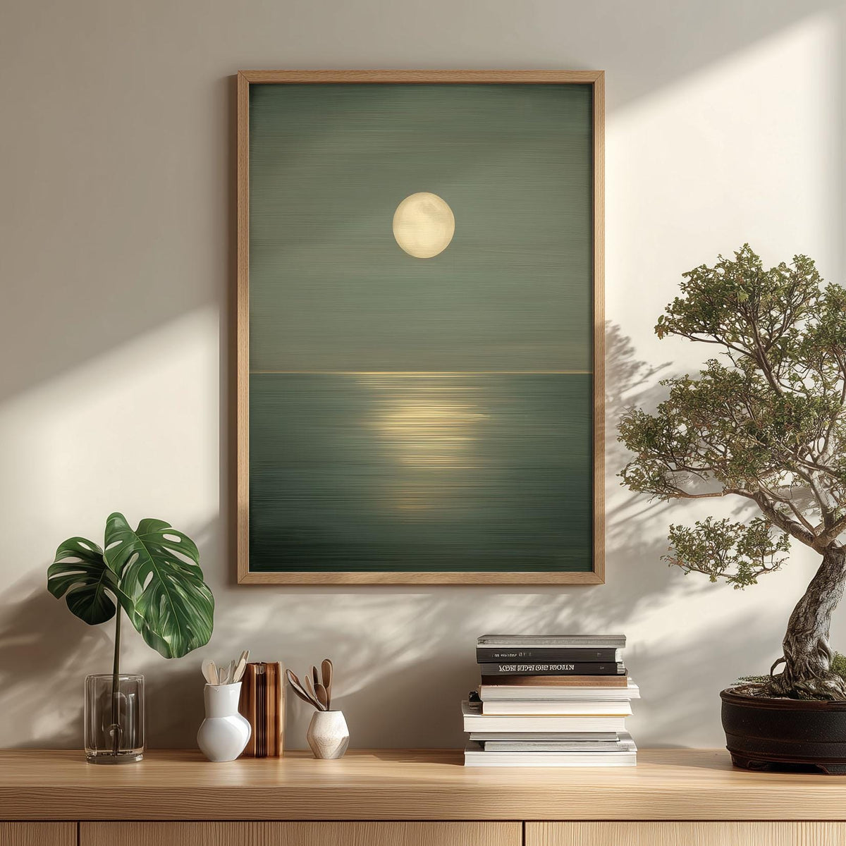 Moonlit Seascape Art Print, Sage Green Ocean, Minimalist Wall Art