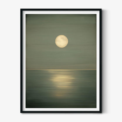 Moonlit Seascape Art Print, Sage Green Ocean, Minimalist Wall Art