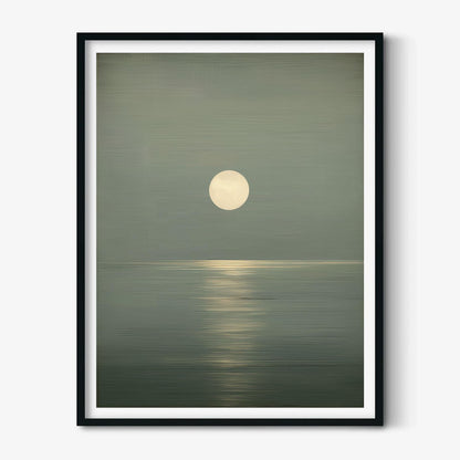 Minimalist Moon Seascape Poster Print, Sage Green Ocean, Zen Wall Art