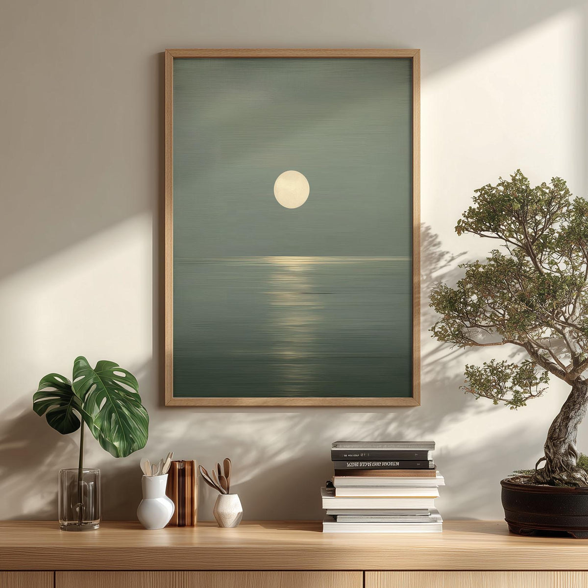 Minimalist Moon Seascape Poster Print, Sage Green Ocean, Zen Wall Art